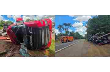 Guaraniaçu – Carreta tomba as margens da BR277